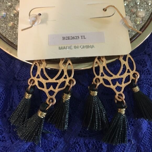 Chandelier Gold Scroll & 3 Green Tassel Earrings - Picture 4 of 4